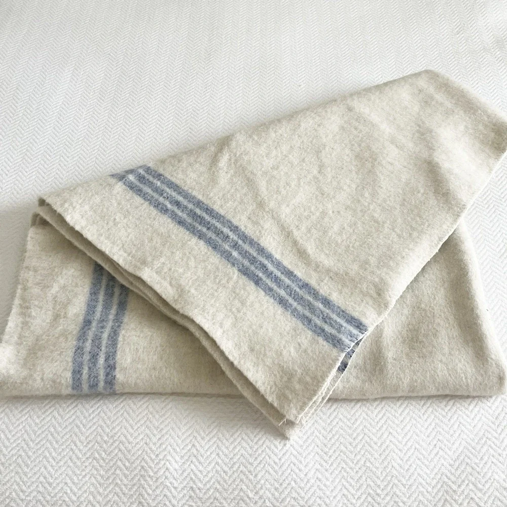 Vintage Wool Blanket Blue Stripe Extra Thick Military Style
